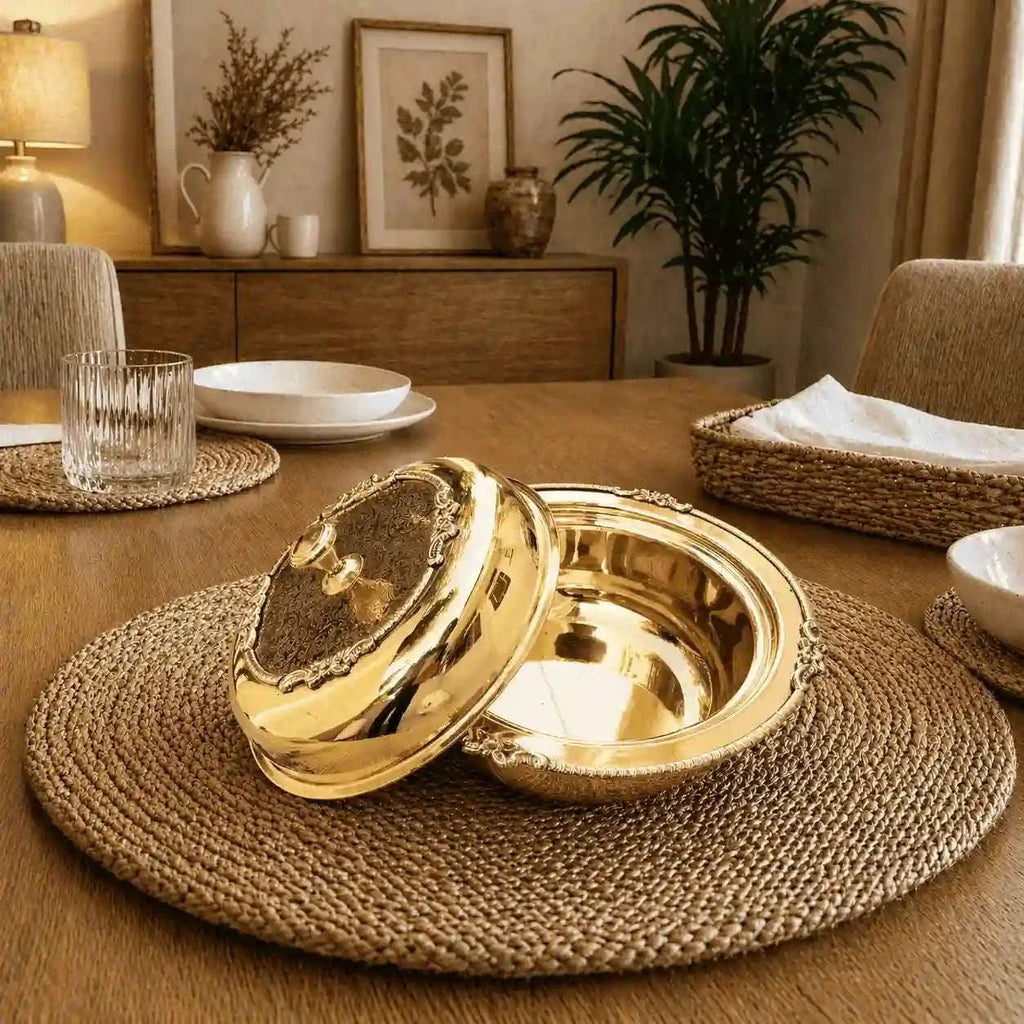 Brass Embossed Design Serving Pot/Casserole Donga With Lid (5.5 Inch) Vedansh Craft