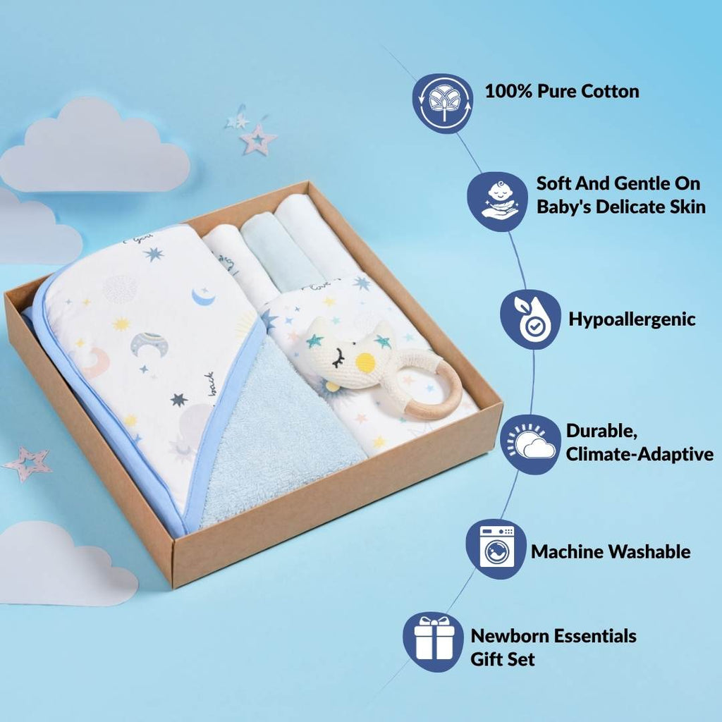Dreamy Baby Gift Hamper With Swaddle Towel Napkin Rattle Set Of 6 Nestasia