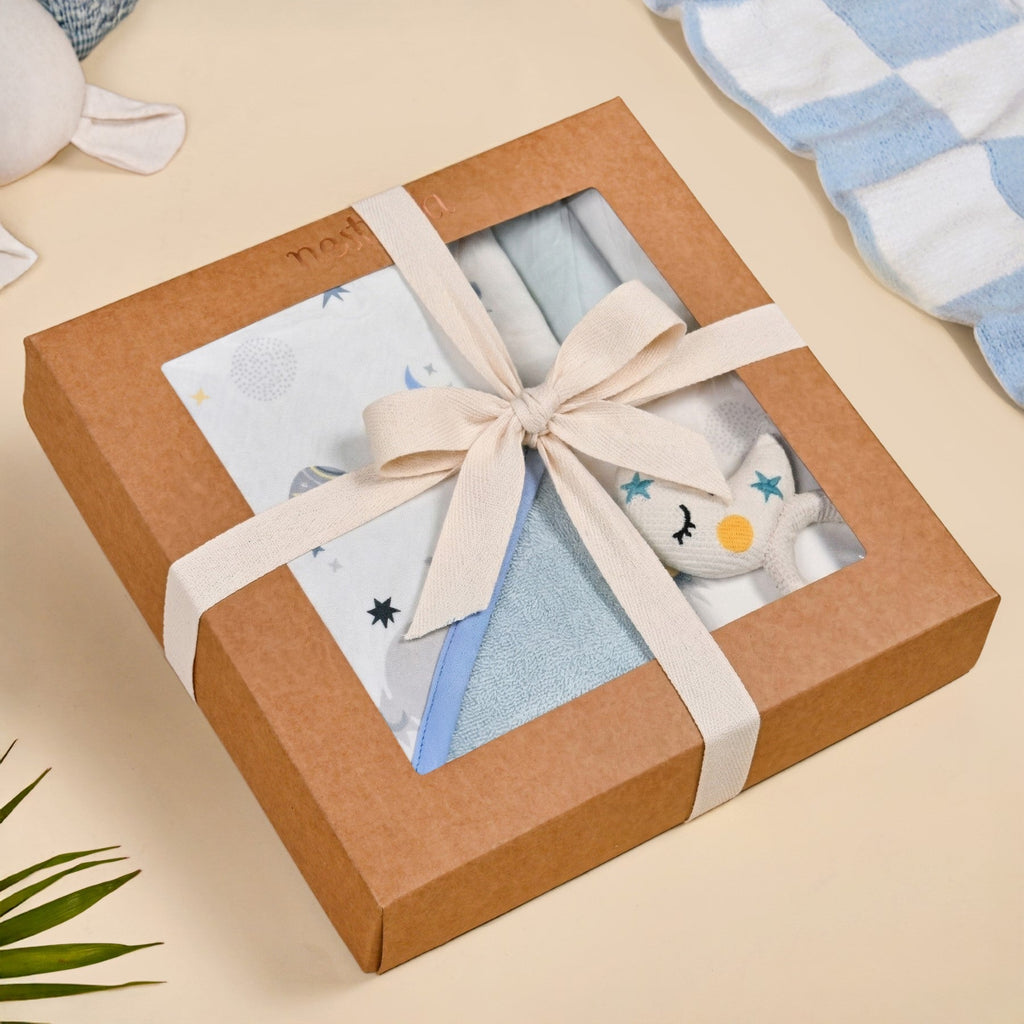 Dreamy Baby Gift Hamper With Swaddle Towel Napkin Rattle Set Of 6 Nestasia