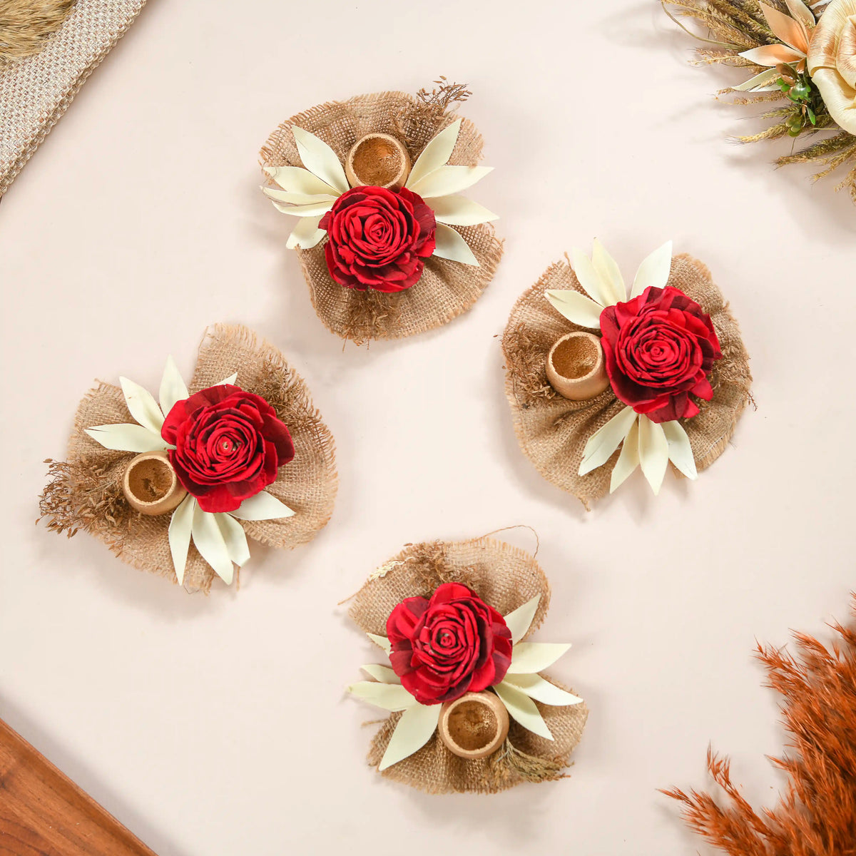 Set of 6 Decorative Dried Flowers And Jute Bunch Nestasia