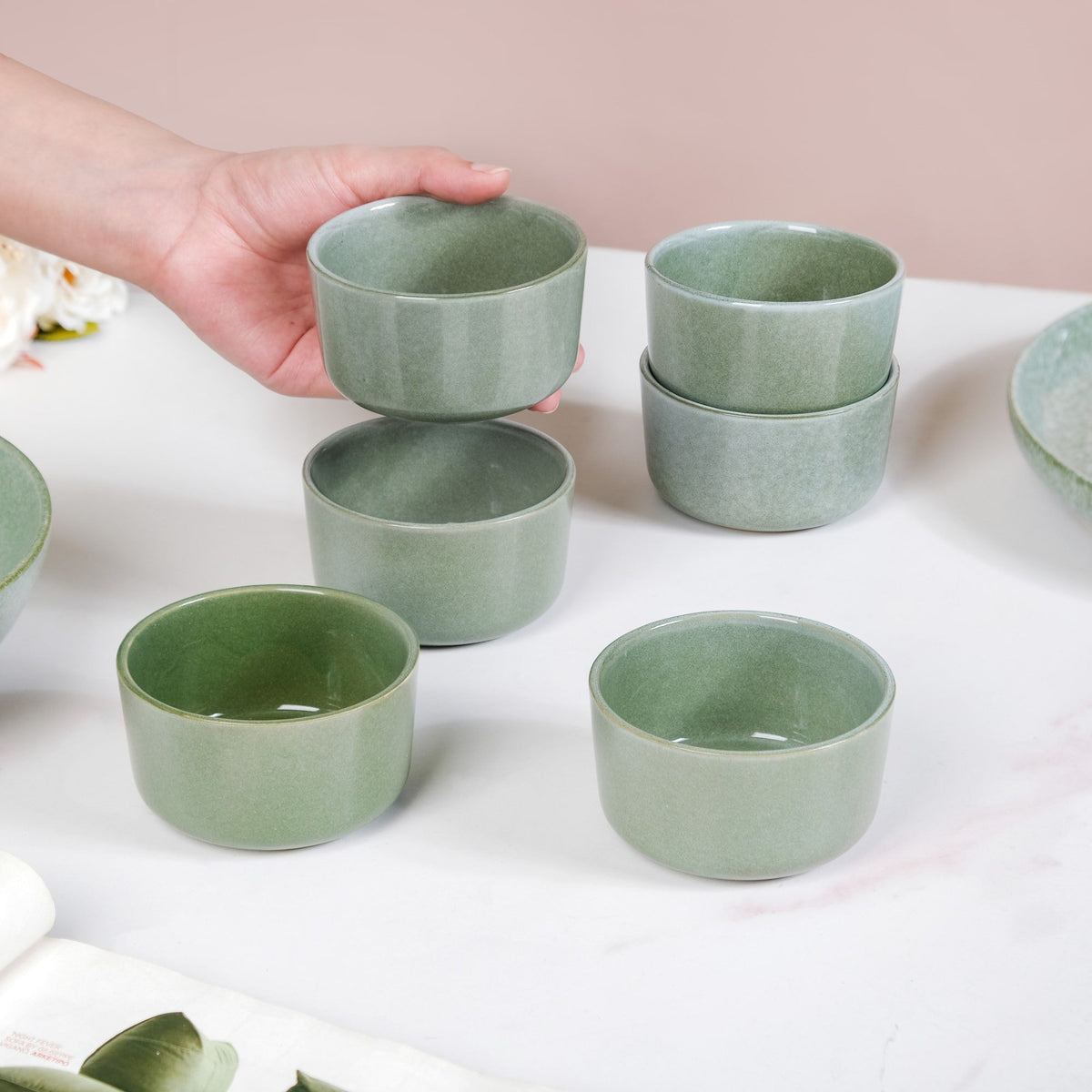 Sera Set Of 6 Round Ceramic Small Bowl Sage Green 200ml Nestasia