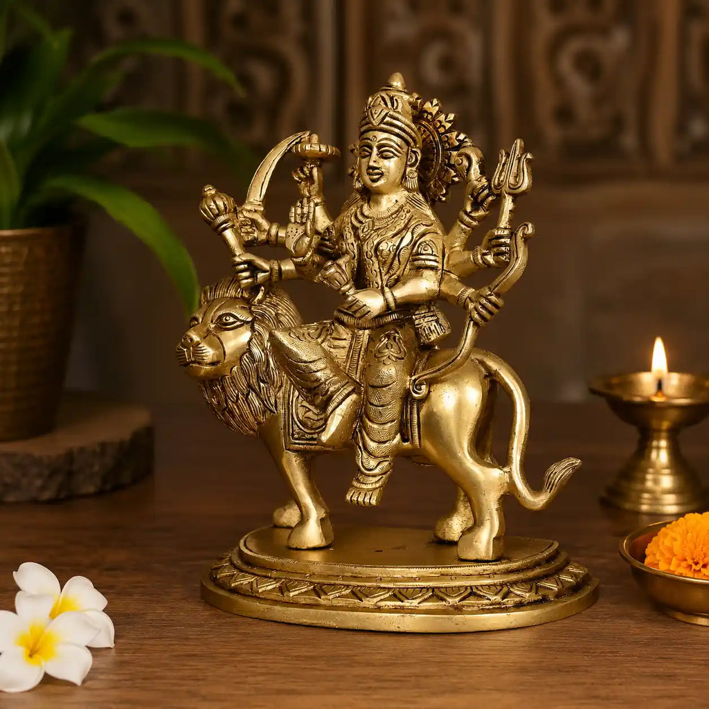 Brass Goddess Durga Sitting on Lion Statue (8 Inch) Vedansh Craft