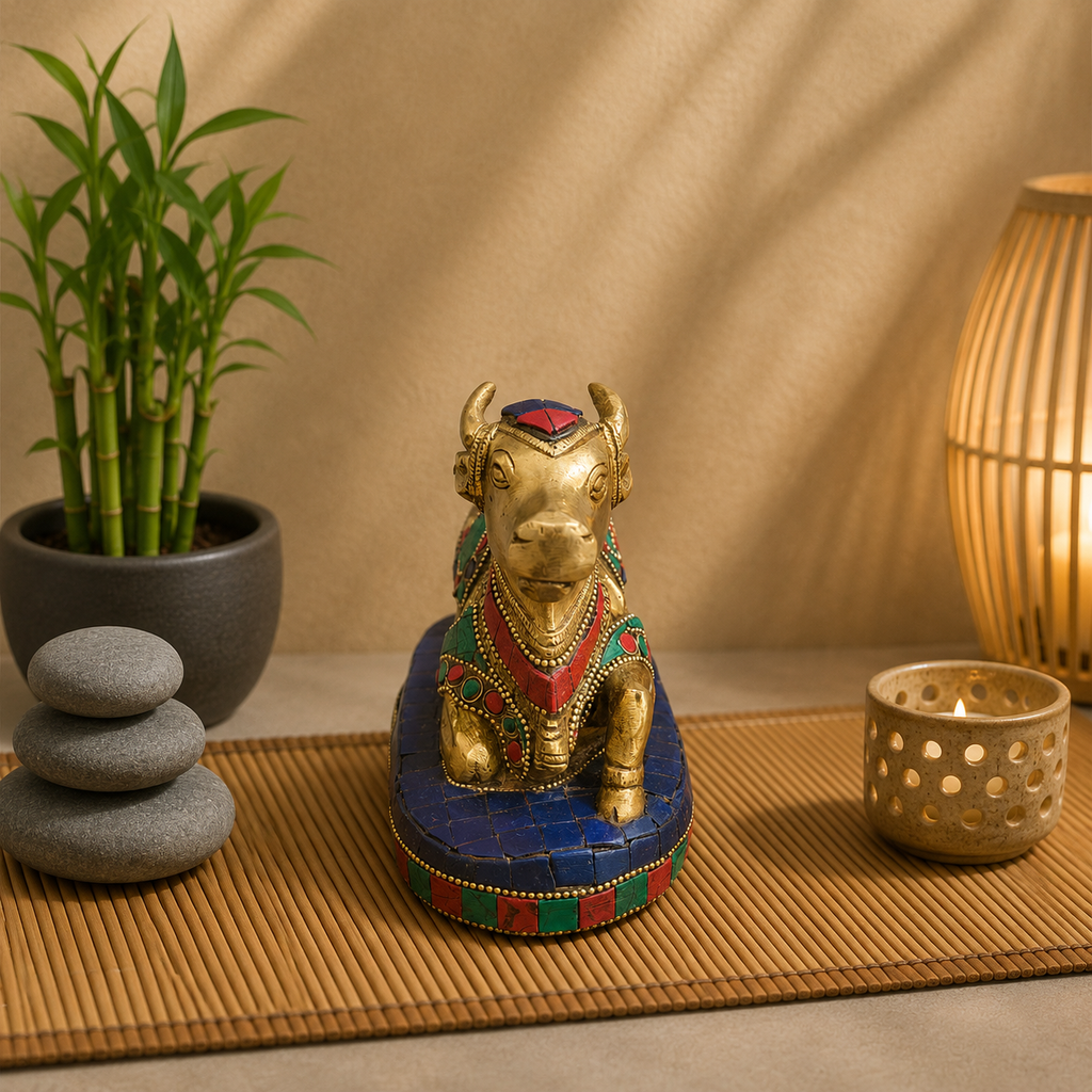 Brass Stone Work Sitting Nandi Idol (4.5 Inch) Vedansh Craft