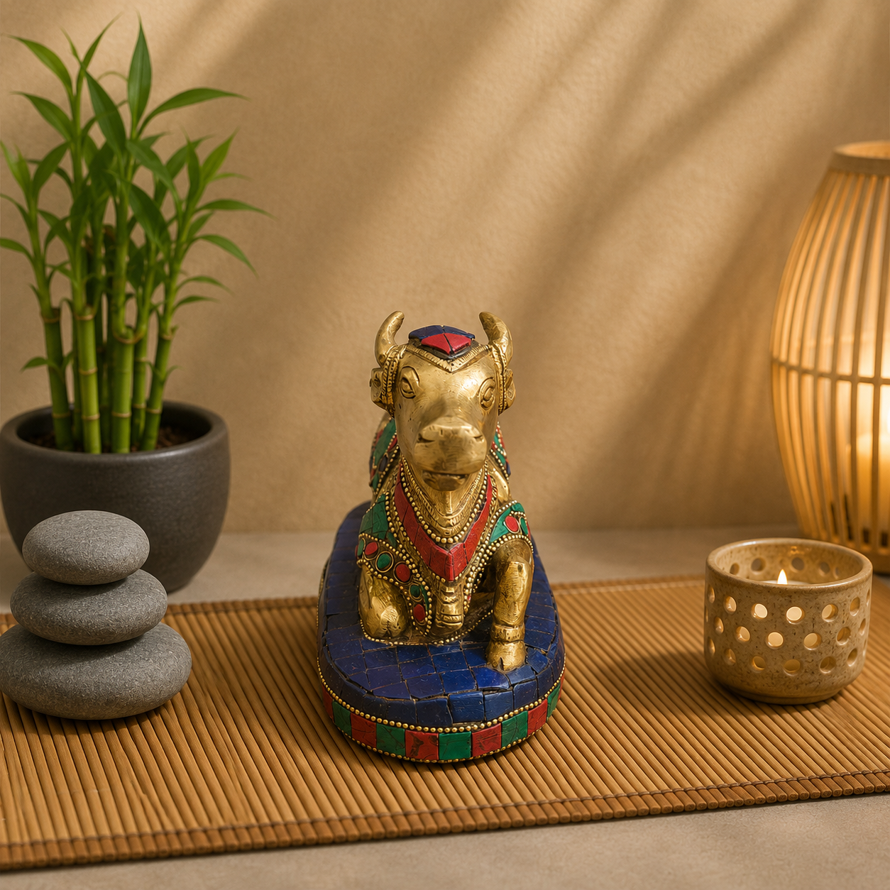 Brass Stone Work Sitting Nandi Idol (4.5 Inch) Vedansh Craft