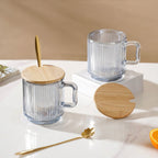 Aurora Ribbed Grey Glass Mug With Lid And Spoon Set Of 2 350 ml Nestasia
