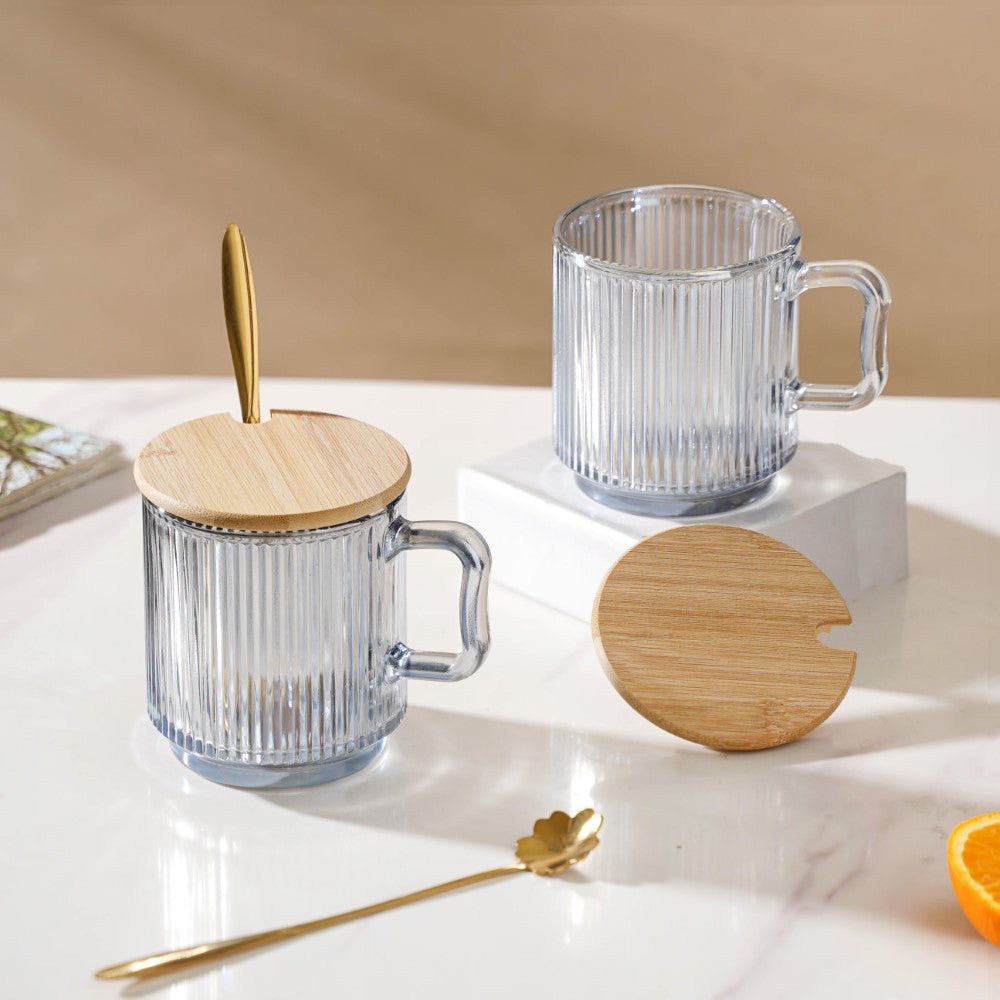 Aurora Ribbed Grey Glass Mug With Lid And Spoon Set Of 2 350 ml Nestasia