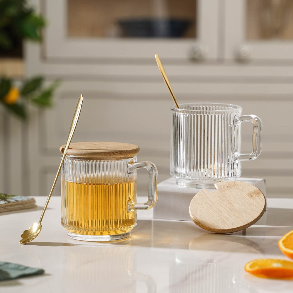 Aurora Transparent Glass Mug With Lid And Spoon Set Of 2 350 ml Nestasia
