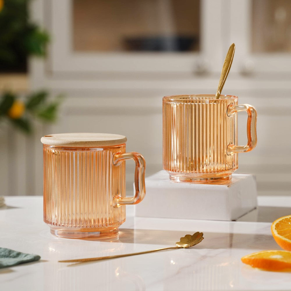 Aurora Ribbed Amber Glass Mug With Lid And Spoon Set Of 2 350 ml Nestasia