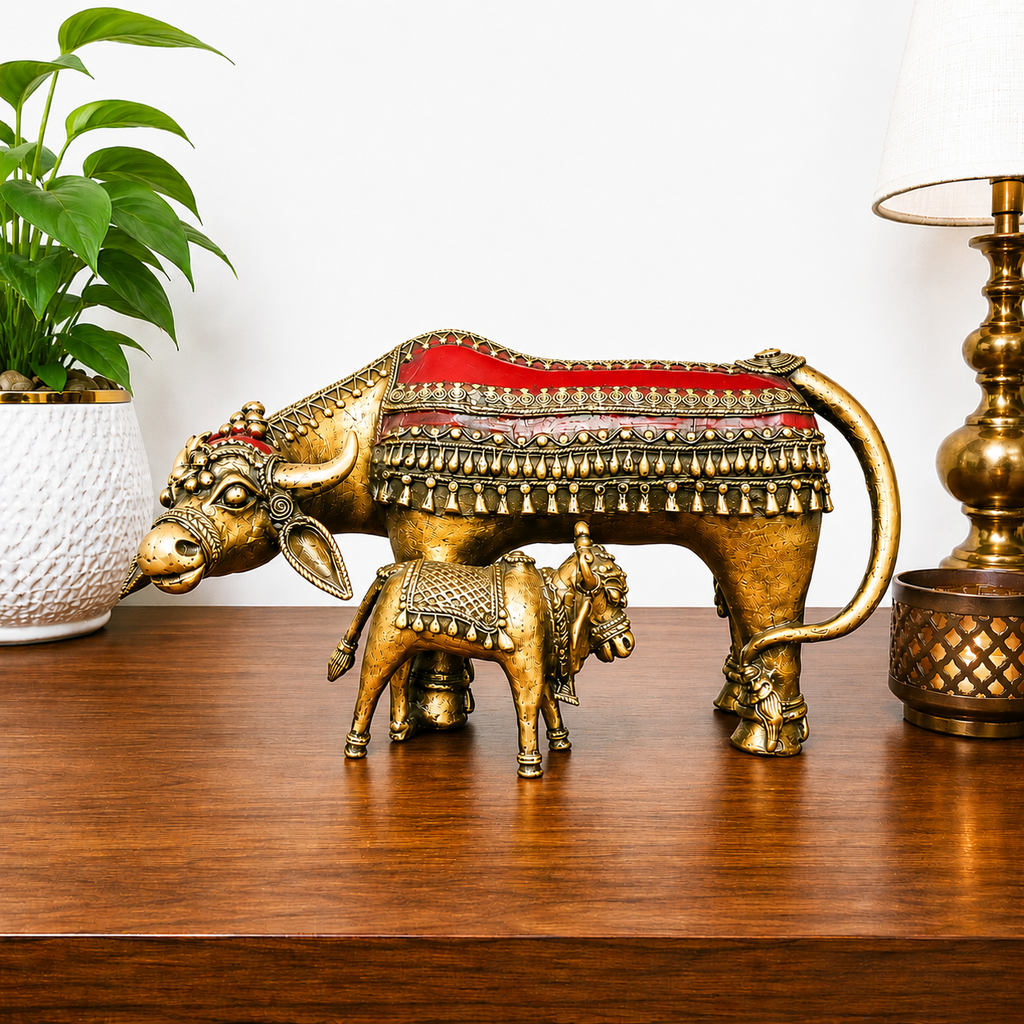Brass Dhokra Kamdhenu Cow with Calf Statue (7 Inch) Vedansh Craft