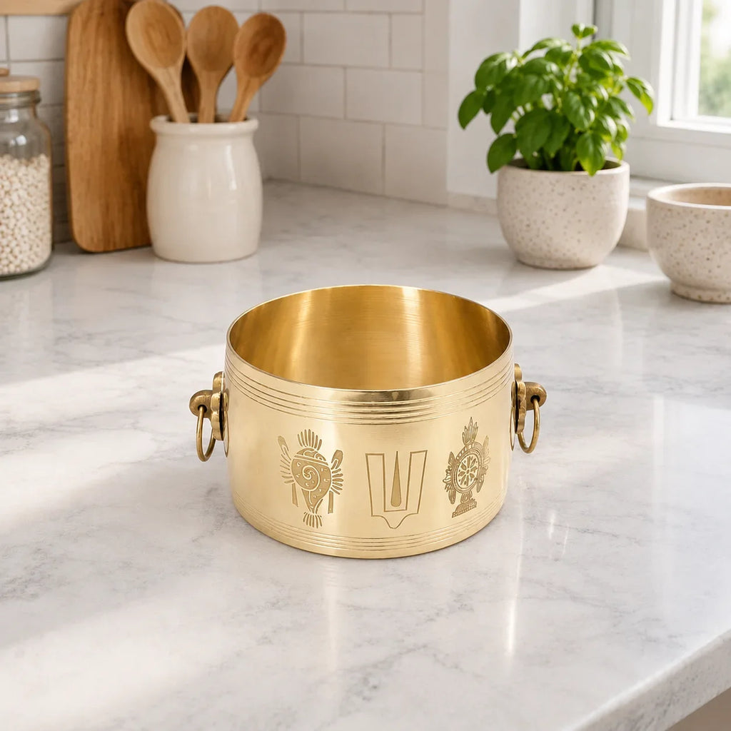 Brass Shankh Chakra Namah Kerala Rice Vessel (2 Inch) Vedansh Craft
