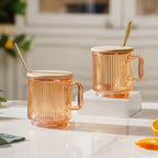 Aurora Ribbed Amber Glass Mug With Lid And Spoon Set Of 2 350 ml Nestasia