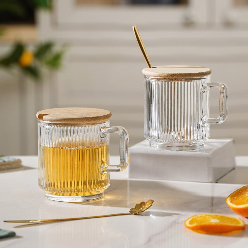 Aurora Transparent Glass Mug With Lid And Spoon Set Of 2 350 ml Nestasia