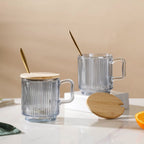 Aurora Ribbed Grey Glass Mug With Lid And Spoon Set Of 2 350 ml Nestasia