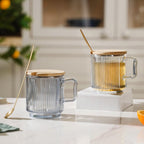 Aurora Ribbed Grey Glass Mug With Lid And Spoon Set Of 2 350 ml Nestasia