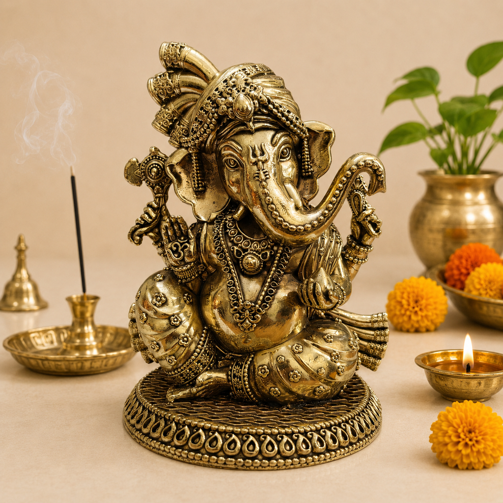 Brass Lightweight Sitting Pagdi Ganesha Idol (5 Inch) Vedansh Craft