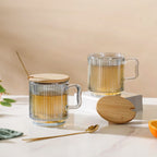 Aurora Ribbed Grey Glass Mug With Lid And Spoon Set Of 2 350 ml Nestasia