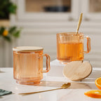 Aurora Ribbed Amber Glass Mug With Lid And Spoon Set Of 2 350 ml Nestasia