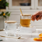 Aurora Transparent Glass Mug With Lid And Spoon Set Of 2 350 ml Nestasia