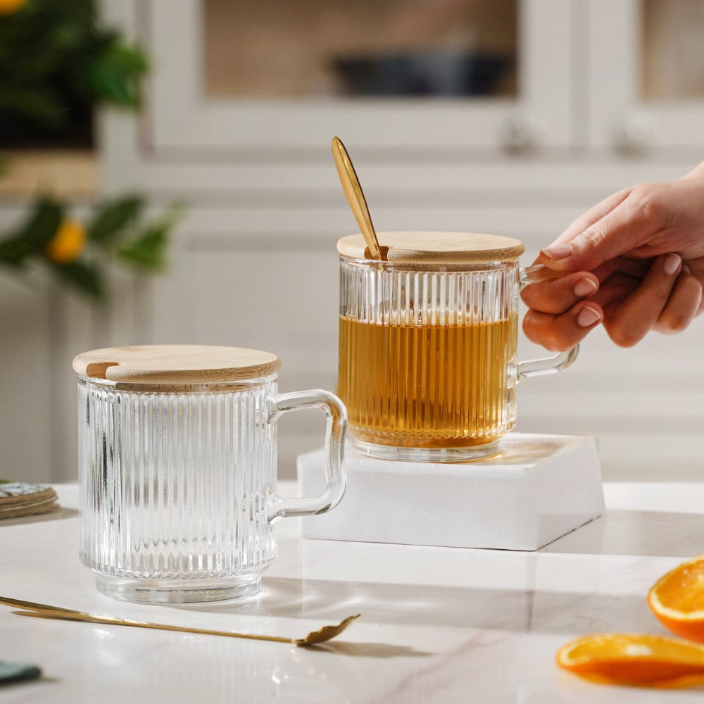 Aurora Transparent Glass Mug With Lid And Spoon Set Of 2 350 ml Nestasia