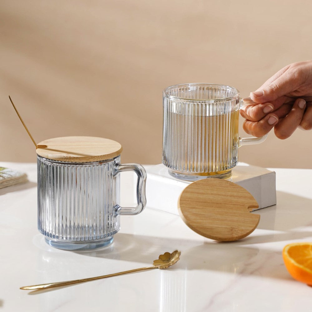 Aurora Ribbed Grey Glass Mug With Lid And Spoon Set Of 2 350 ml Nestasia