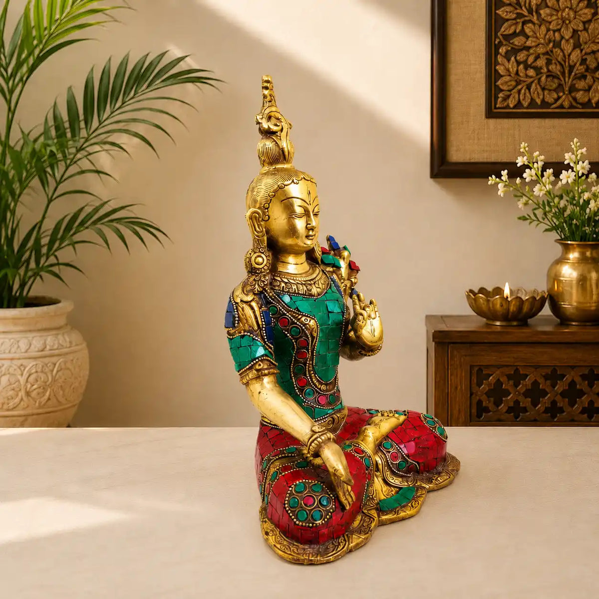 Brass Stone work Sitting Tara Devi Idol (11 Inch) Vedansh Craft