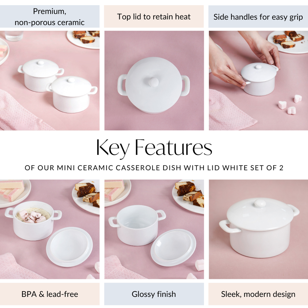 Mini Ceramic Casserole Dish With Lid White Set Of 2 Nestasia