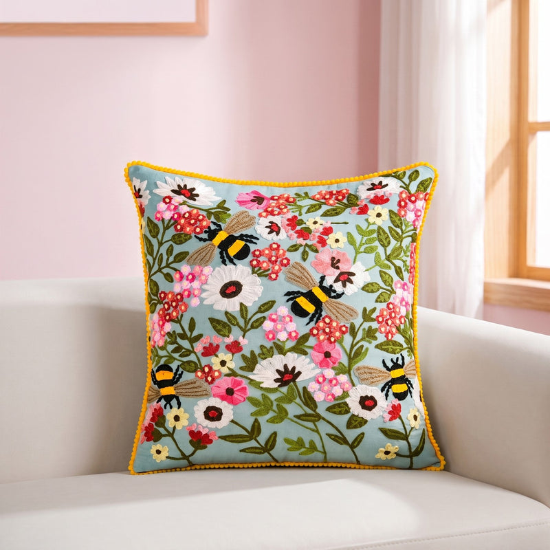 Bee Garden Embroidered Cotton Cushion Cover 40x40cm Nestasia