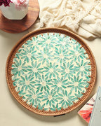 Decorative Round Cane Tray with Tropical Mosaic for Serving, Gifting, and Home Decor