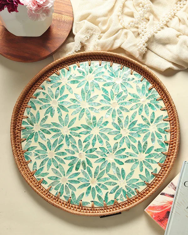 Decorative Round Cane Tray with Tropical Mosaic for Serving, Gifting, and Home Decor
