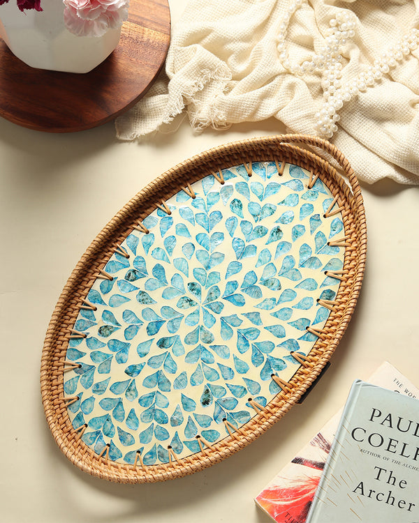 Natural Cane Oval Tray with Blue Tropical Design for Tabletop, Kitchen, and Home Decor