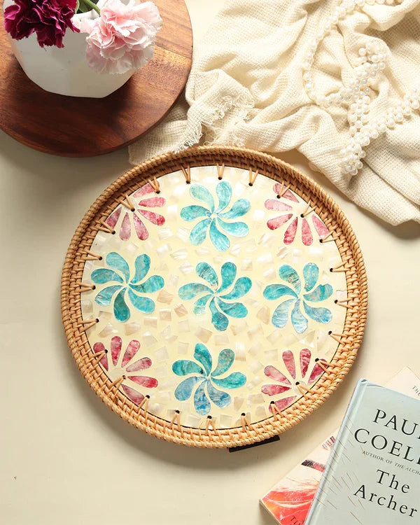 Handwoven Round Cane Tray with Colorful Flower Mosaic for Serving and Decorative Use