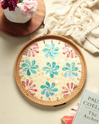 Handwoven Round Cane Tray with Colorful Flower Mosaic for Serving and Decorative Use