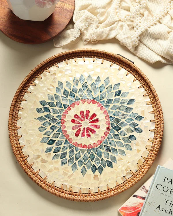 Rustic Handmade Round Cane Tray with Rangoli Mosaic for Stylish Serving and Display