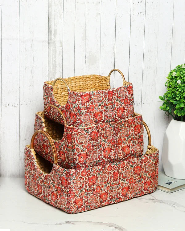 Elegant Handwoven Cane Handle Basket Set of 3 for Fruits, Bread, and Home Styling