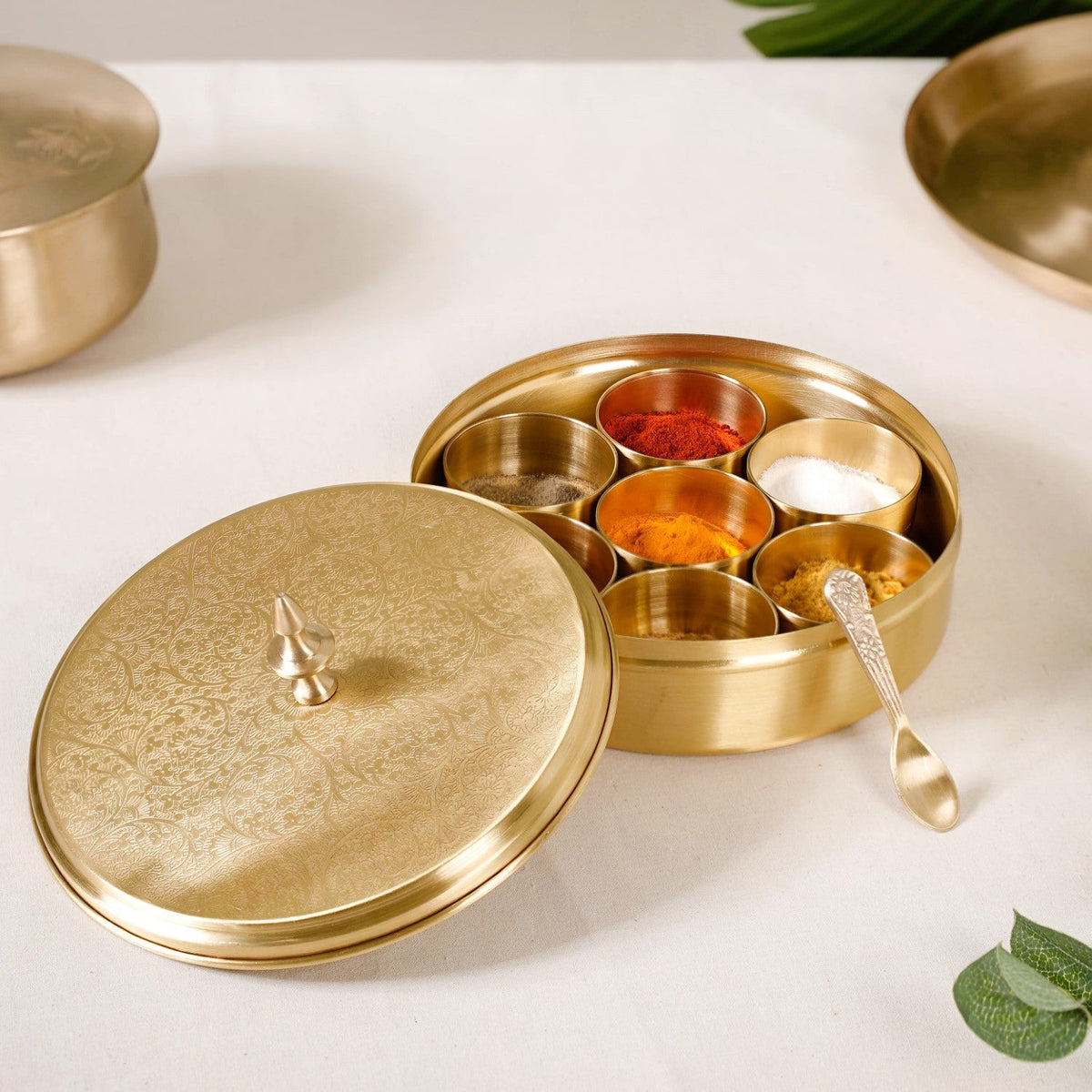 Embossed Pure Brass Airtight Masala Box Set With Gift Box Nestasia