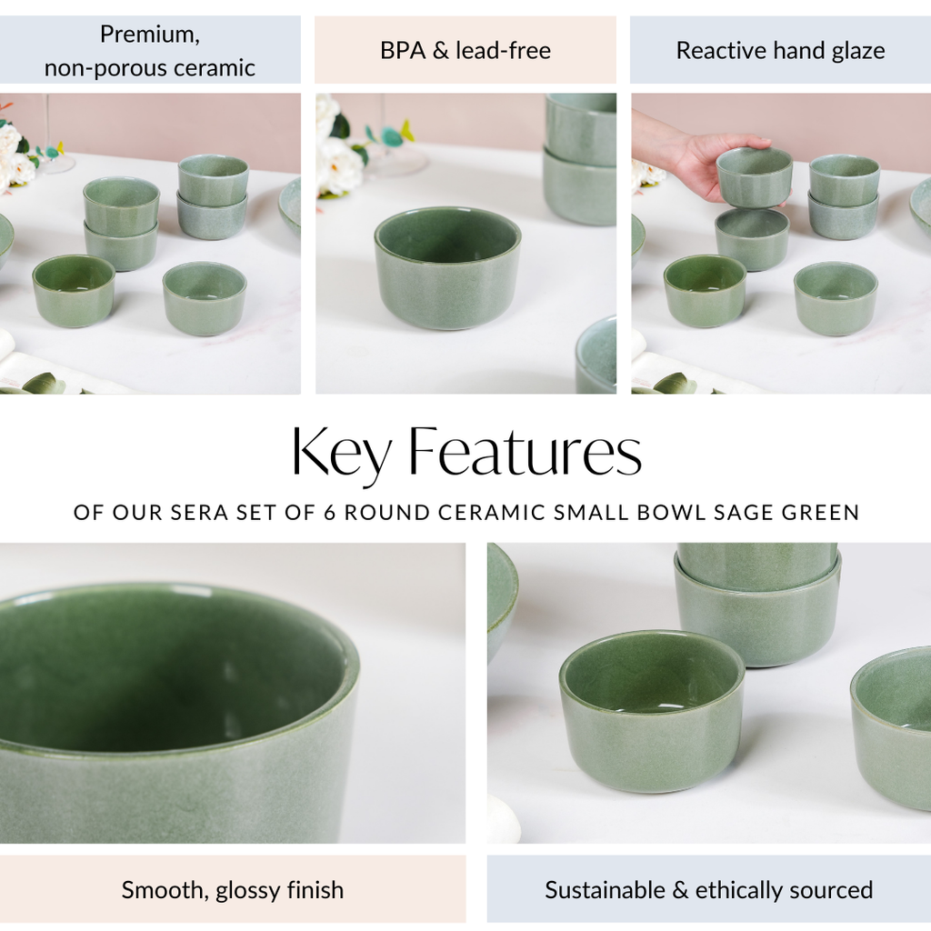 Sera Set Of 6 Round Ceramic Small Bowl Sage Green 200ml Nestasia