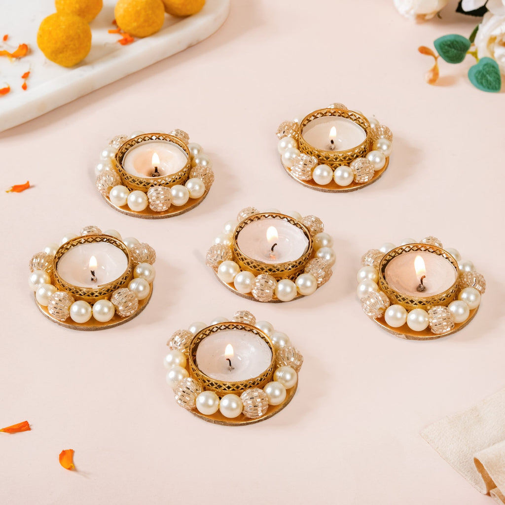 Set Of 6 Artificial Champagne Pearl Tealight Holders Nestasia