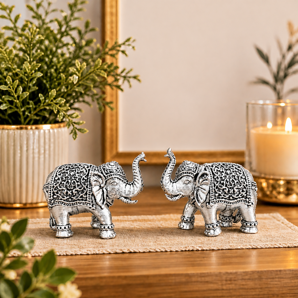 Brass Silver Plated Lightweight Elephant Lightweight Statue Pair (1.8 Inch) Vedansh Craft