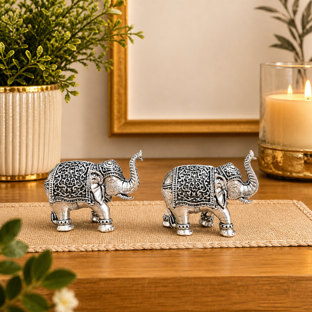 Brass Silver Plated Lightweight Elephant Lightweight Statue Pair (1.8 Inch) Vedansh Craft