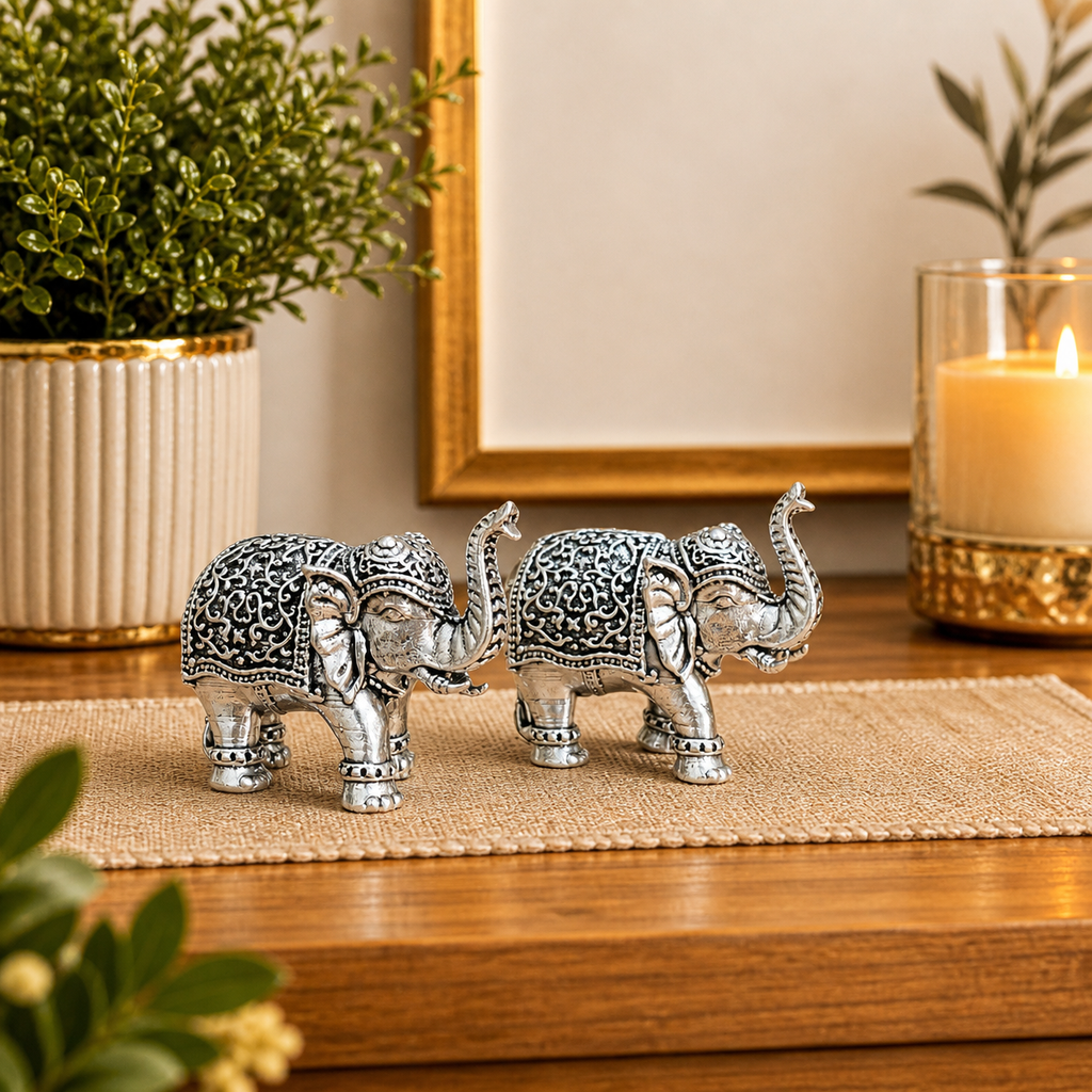 Brass Silver Plated Lightweight Elephant Lightweight Statue Pair (1.8 Inch) Vedansh Craft