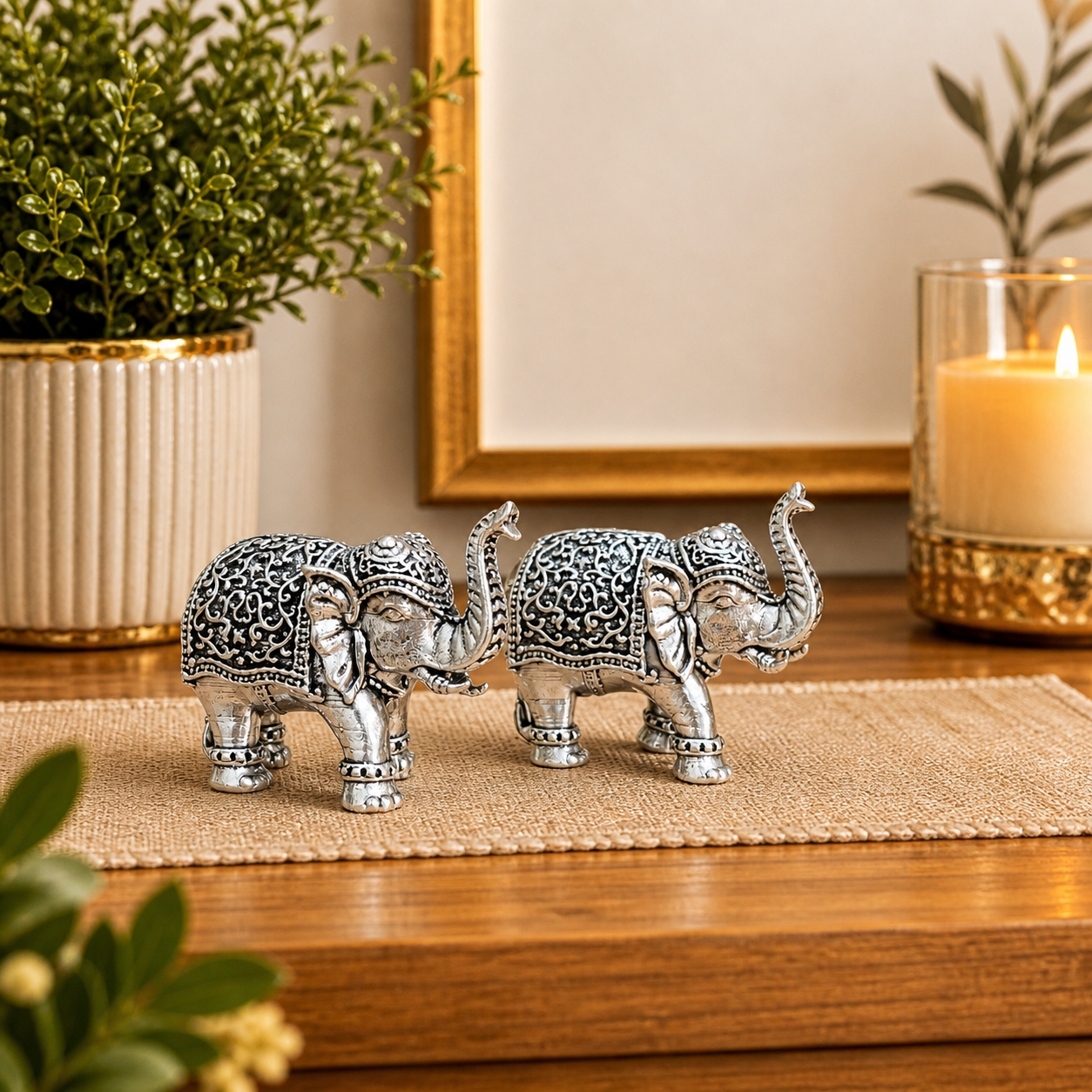 Brass Silver Plated Lightweight Elephant Lightweight Statue Pair (1.8 Inch) Vedansh Craft