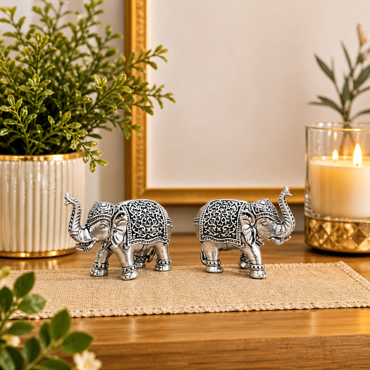 Brass Silver Plated Lightweight Elephant Lightweight Statue Pair (1.8 Inch) Vedansh Craft