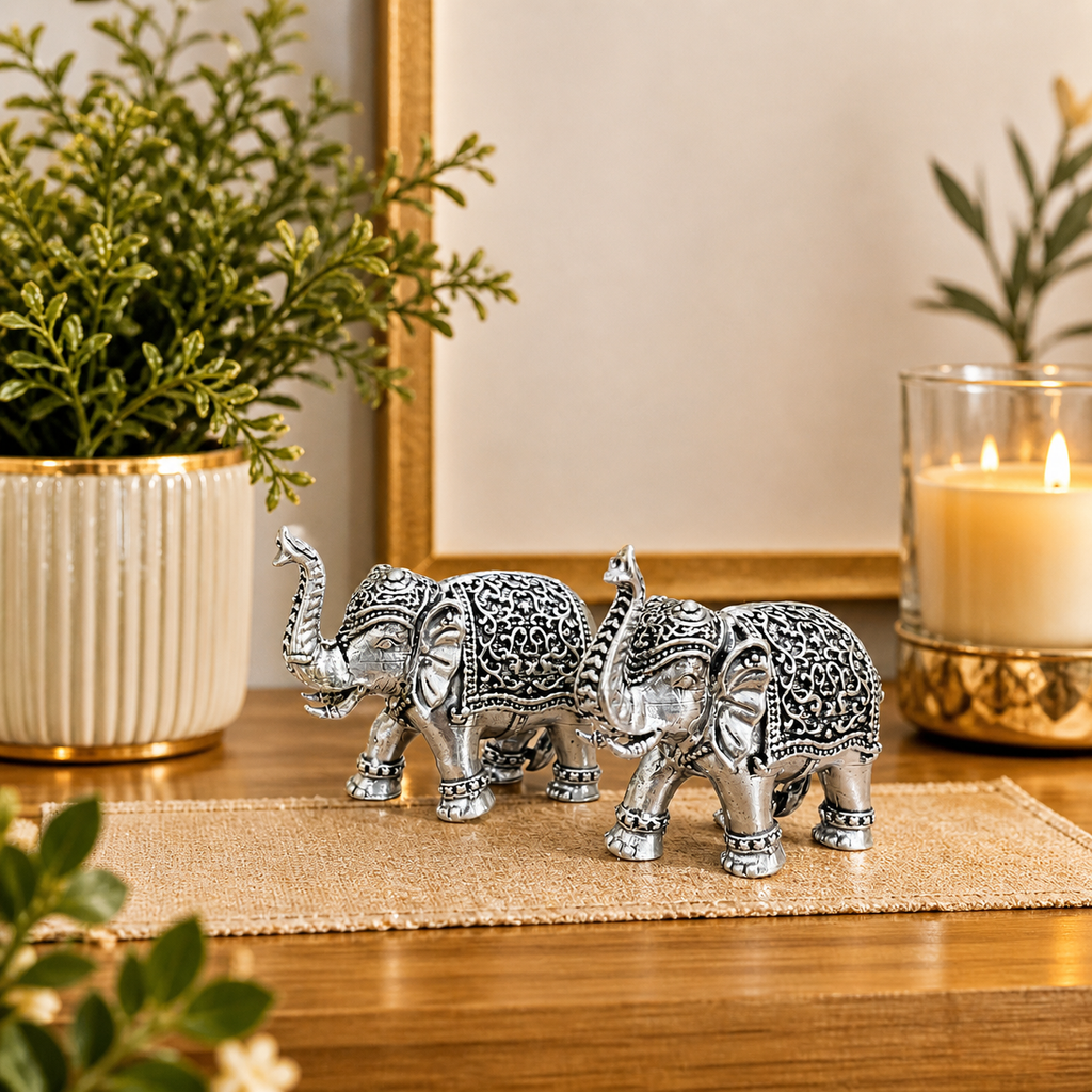 Brass Silver Plated Lightweight Elephant Lightweight Statue Pair (1.8 Inch) Vedansh Craft