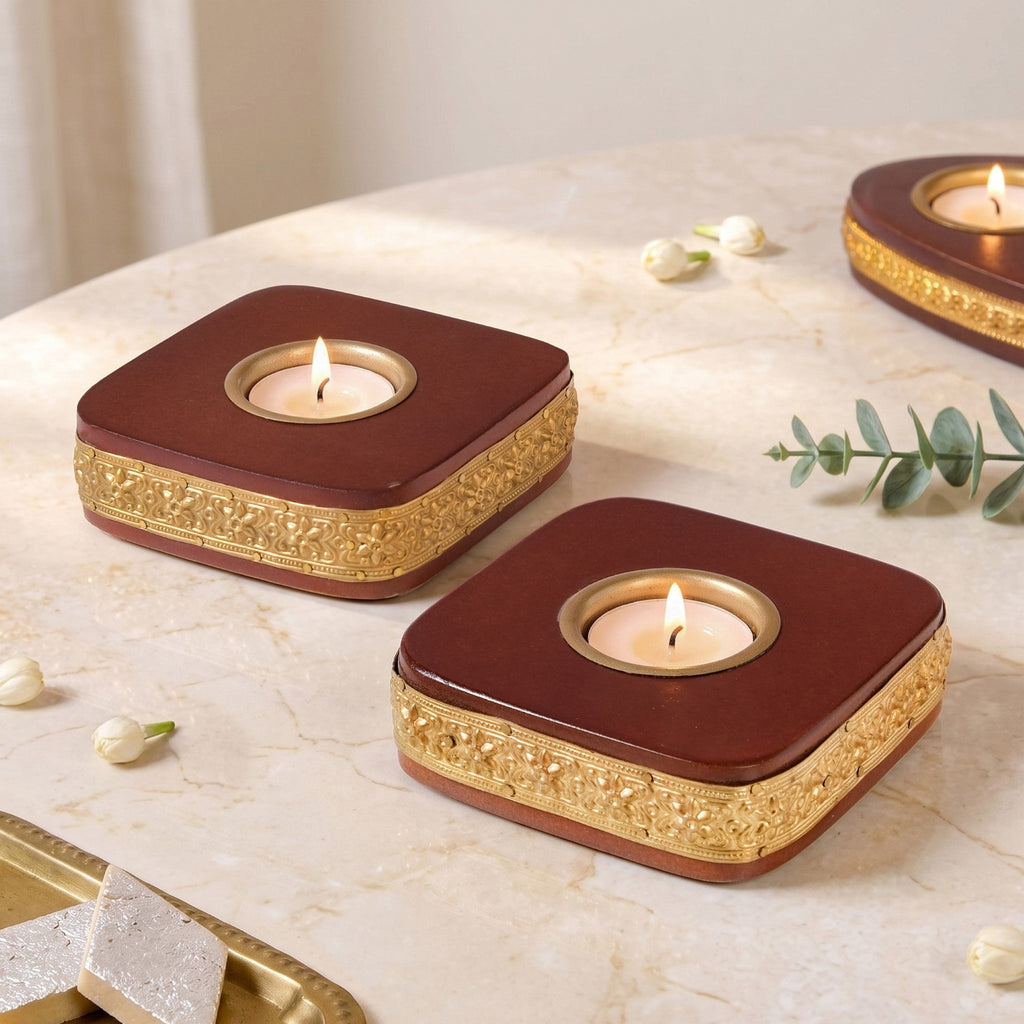 Ember Embossed Tealight Holder With Tealights Set Of 2 Nestasia