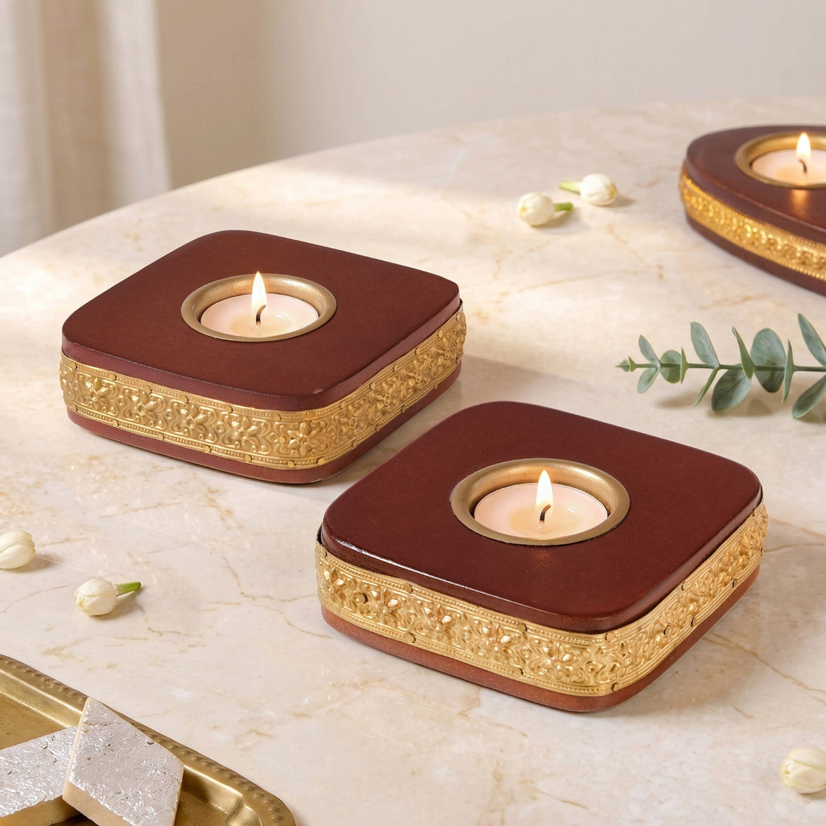 Ember Embossed Tealight Holder With Tealights Set Of 2 Nestasia