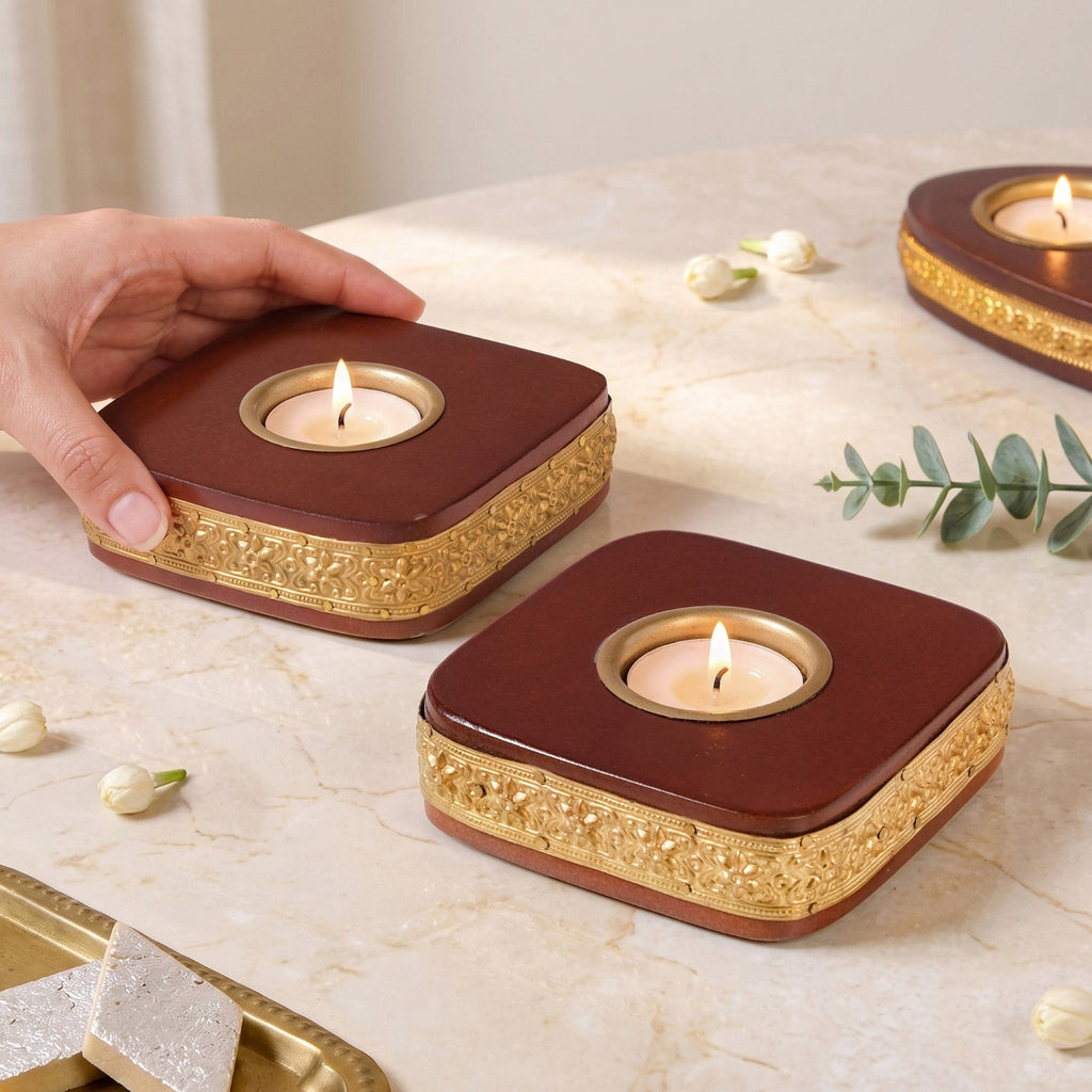 Ember Embossed Tealight Holder With Tealights Set Of 2 Nestasia