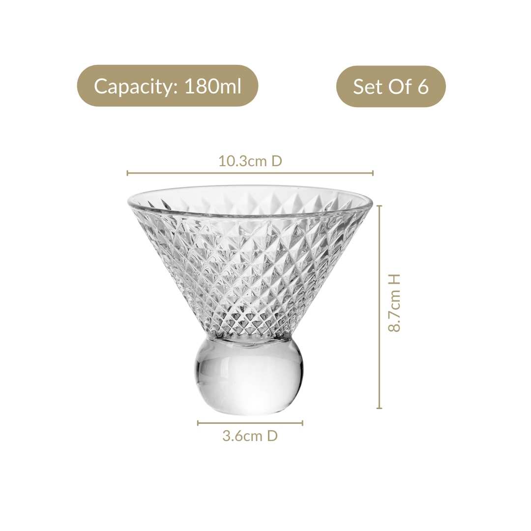 Embossed Crystal Ball Cocktail Glass Set Of 6 180ml Nestasia