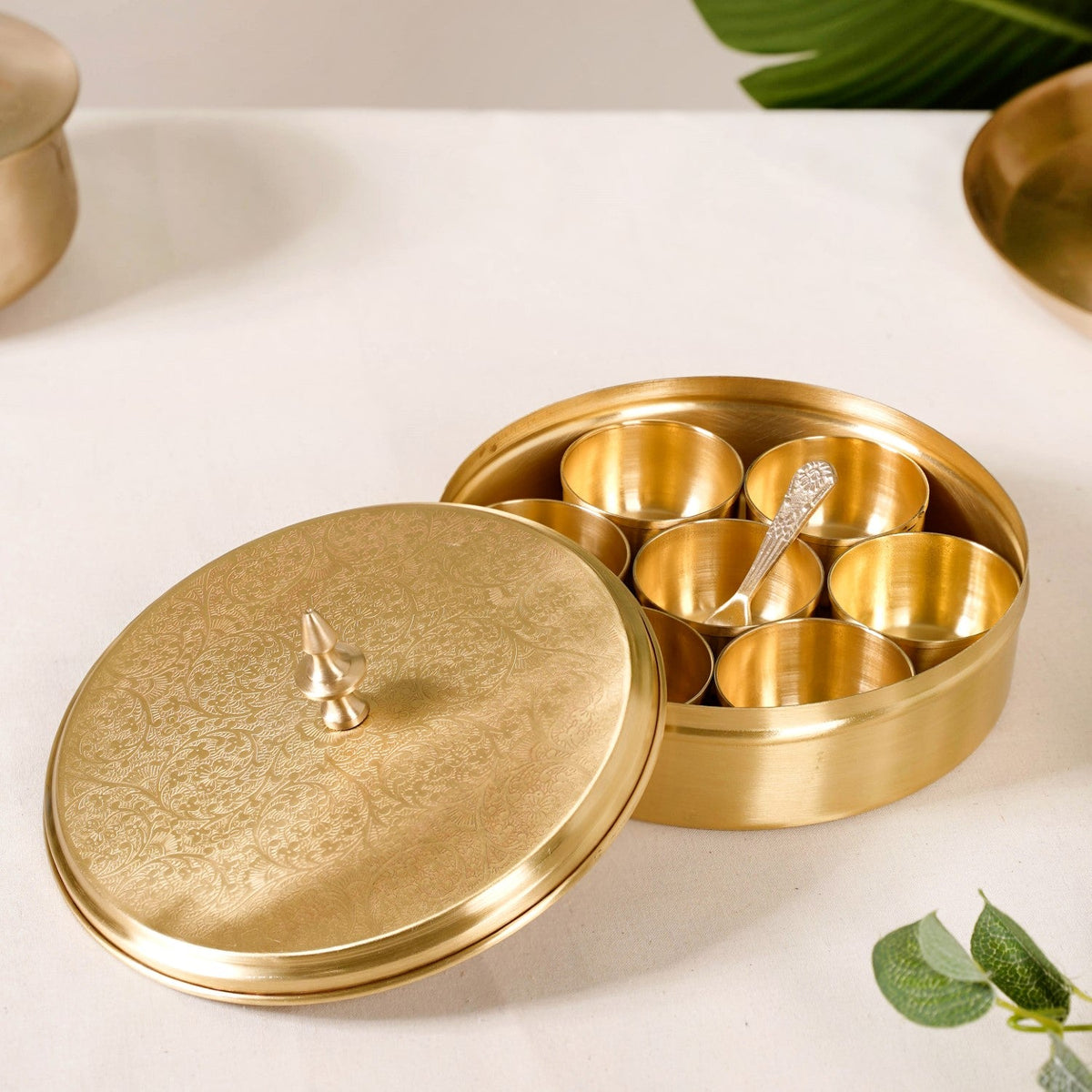 Embossed Pure Brass Airtight Masala Box Set With Gift Box Nestasia