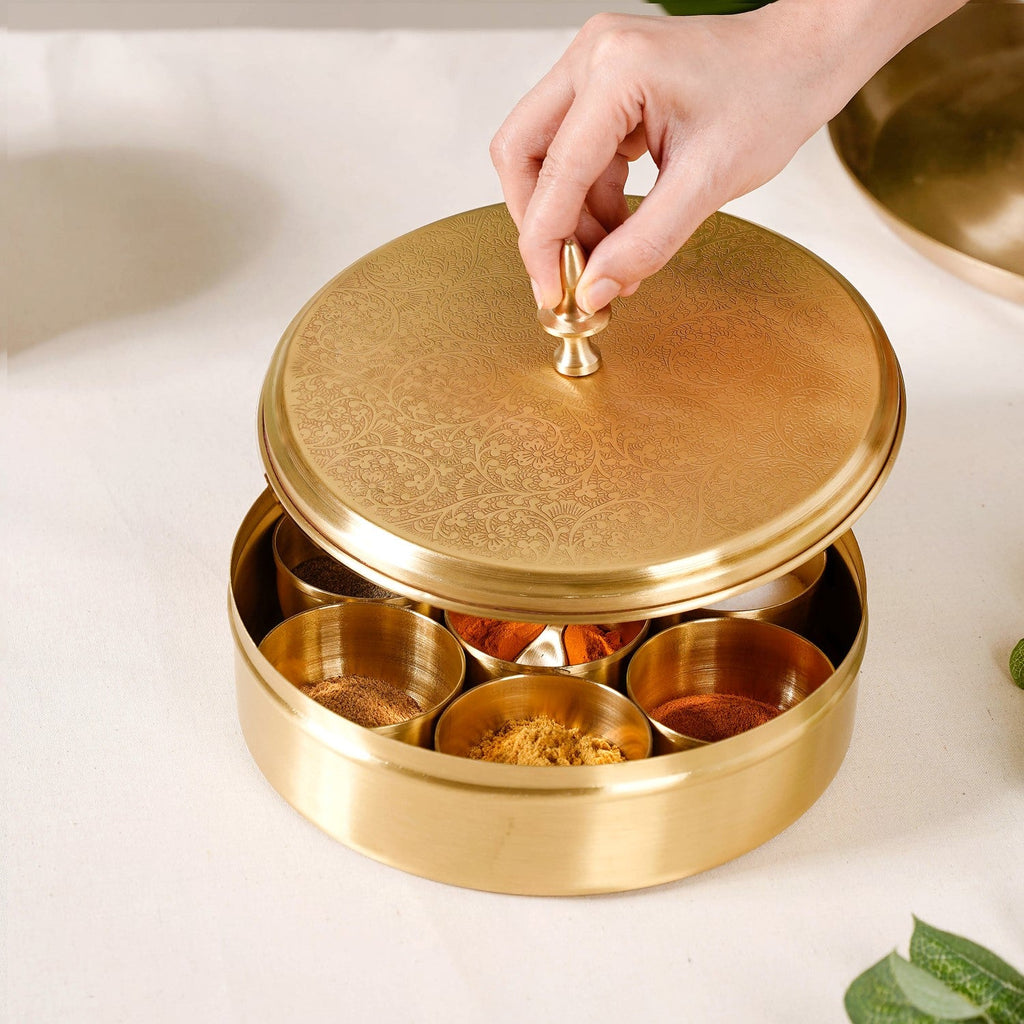 Embossed Pure Brass Airtight Masala Box Set With Gift Box Nestasia