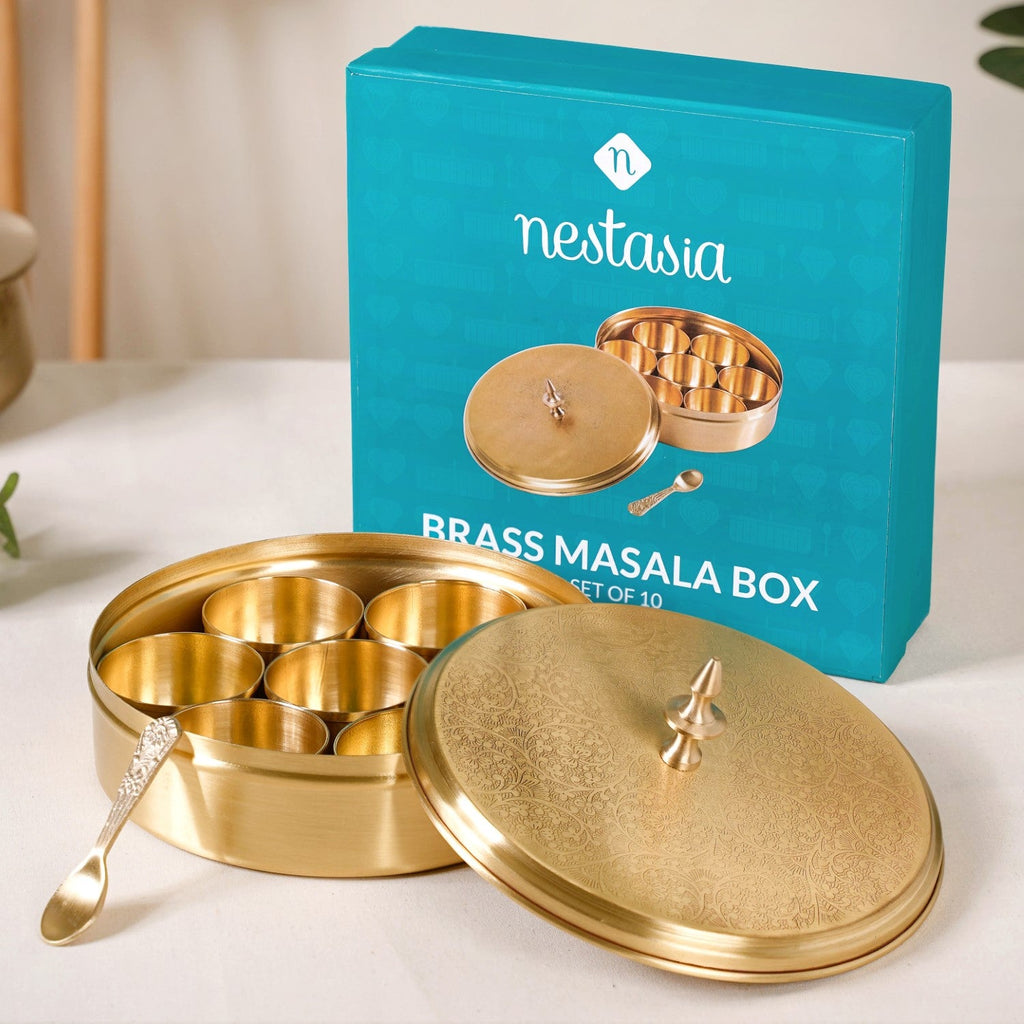 Embossed Pure Brass Airtight Masala Box Set With Gift Box Nestasia